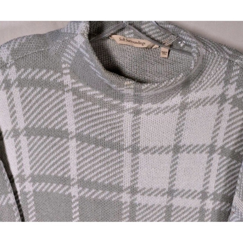 Soft Surroundings Plaid Knit Long‎ Sleeve Sweater Women's Size L Grey White